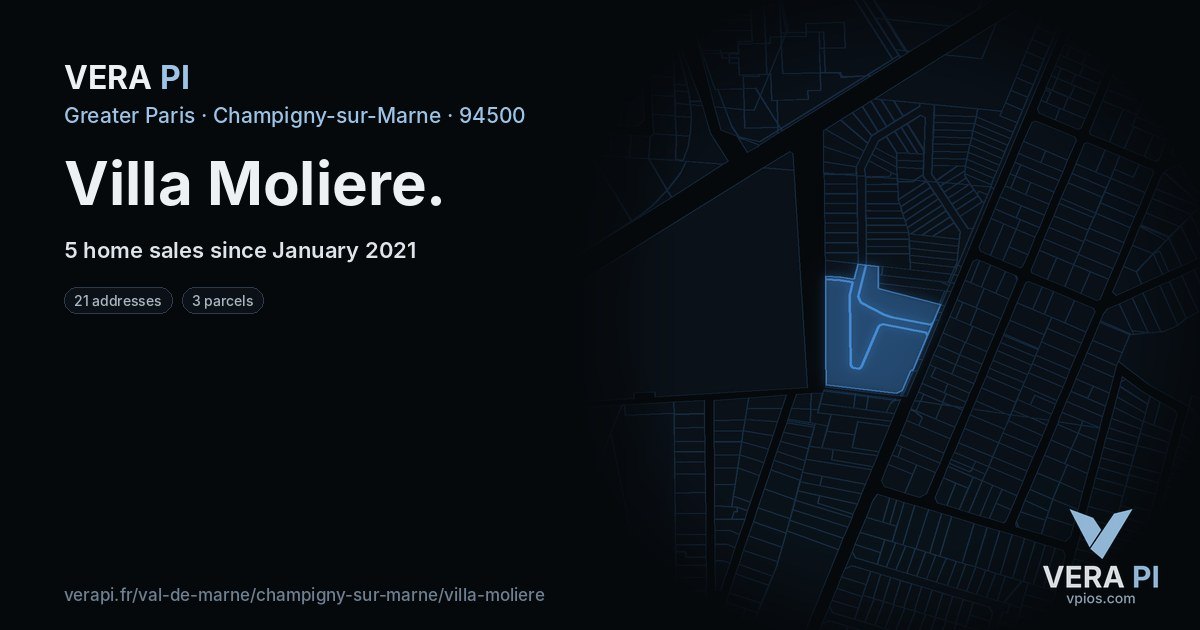 Villa Moliere, Champigny-sur-Marne at night – every parcel coloured by the prices around it, the street's own parcels lit