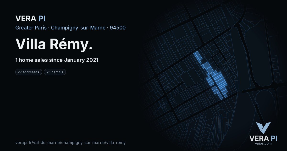 Villa Rémy, Champigny-sur-Marne at night – every parcel coloured by the prices around it, the street's own parcels lit
