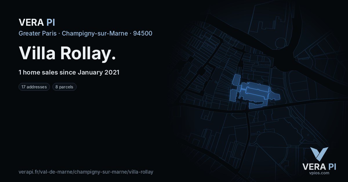 Villa Rollay, Champigny-sur-Marne at night – every parcel coloured by the prices around it, the street's own parcels lit