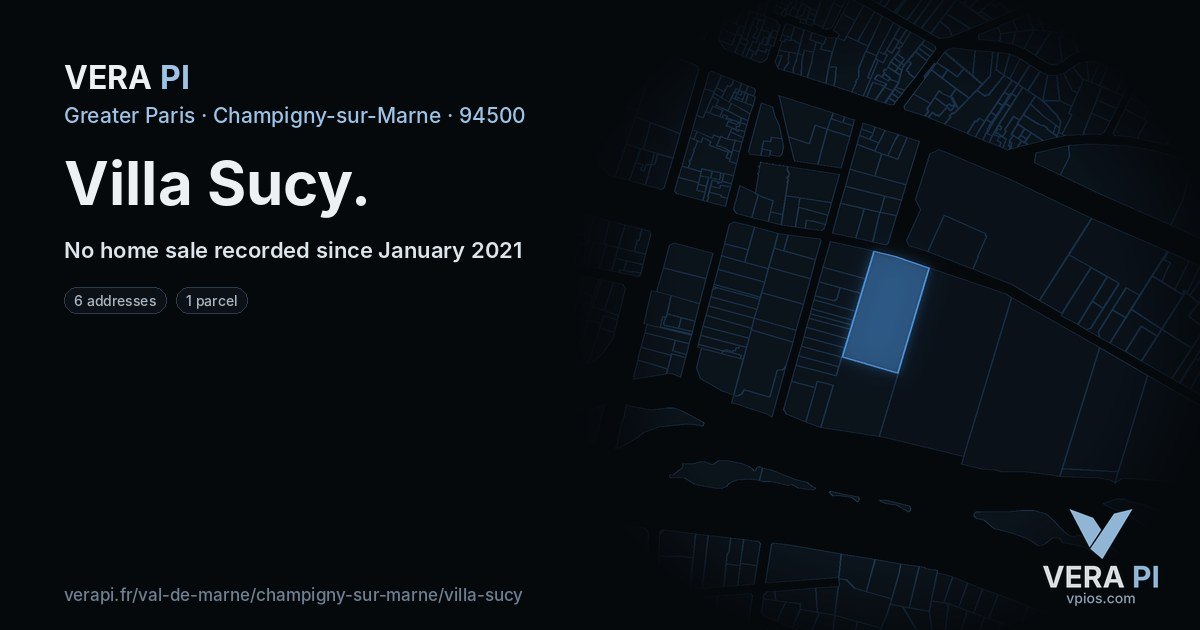 Villa Sucy, Champigny-sur-Marne at night – every parcel coloured by the prices around it, the street's own parcels lit