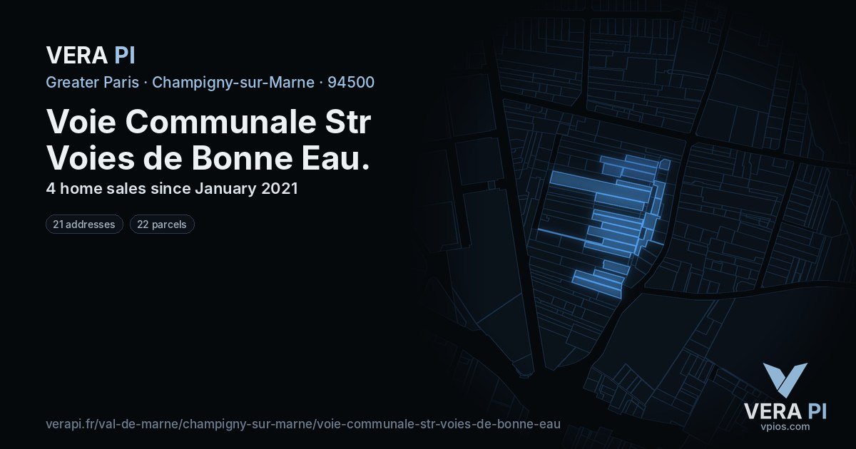 Voie Communale Str Voies de Bonne Eau, Champigny-sur-Marne at night – every parcel coloured by the prices around it, the street's own parcels lit