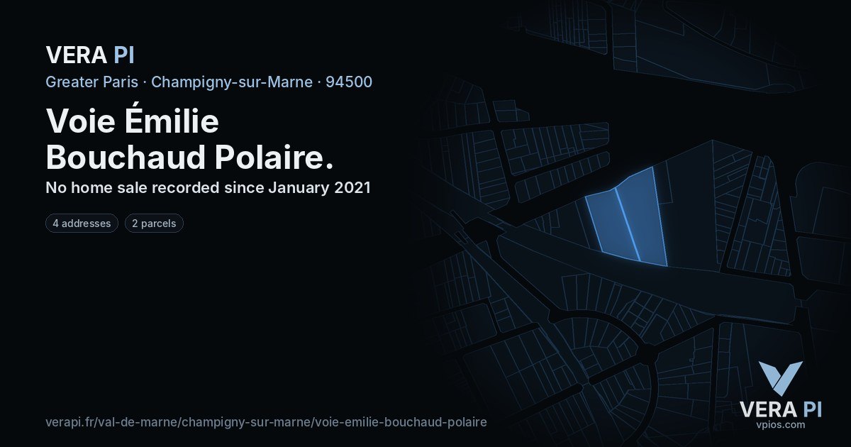 Voie Émilie Bouchaud Polaire, Champigny-sur-Marne at night – every parcel coloured by the prices around it, the street's own parcels lit