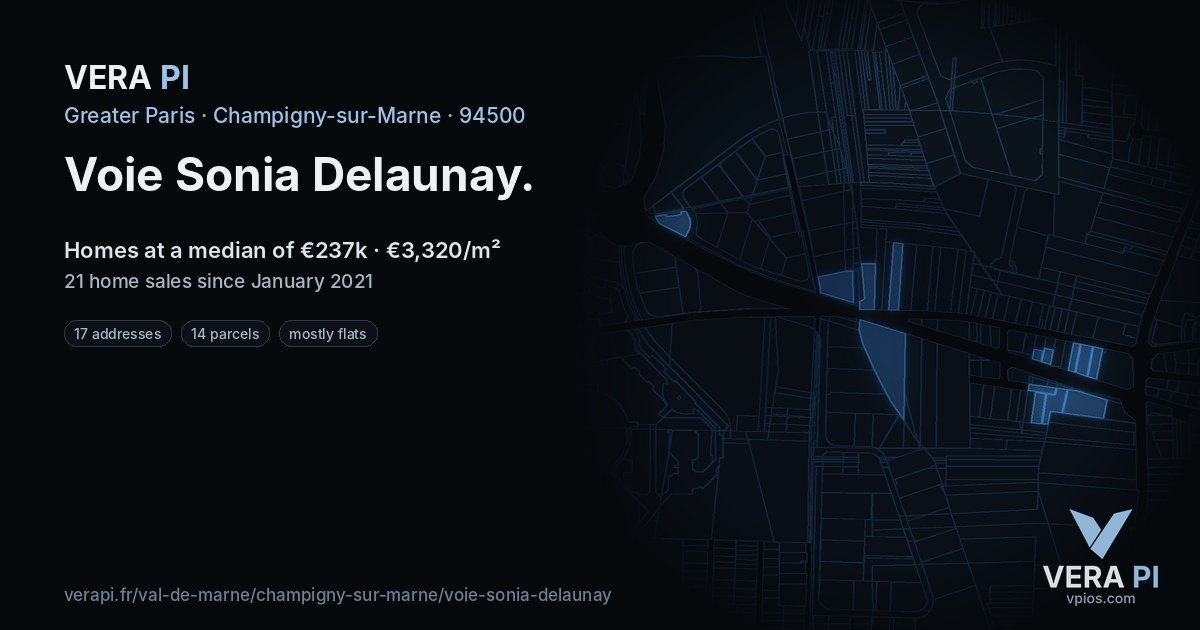 Voie Sonia Delaunay, Champigny-sur-Marne at night – every parcel coloured by the prices around it, the street's own parcels lit