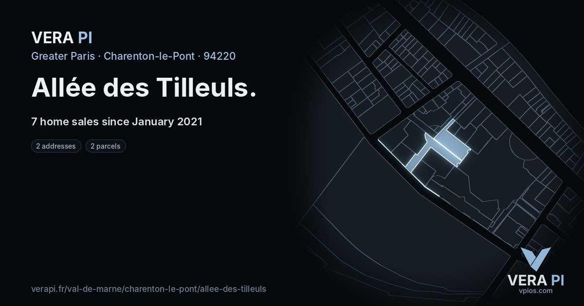 Allée des Tilleuls, Charenton-le-Pont at night – every parcel coloured by the prices around it, the street's own parcels lit