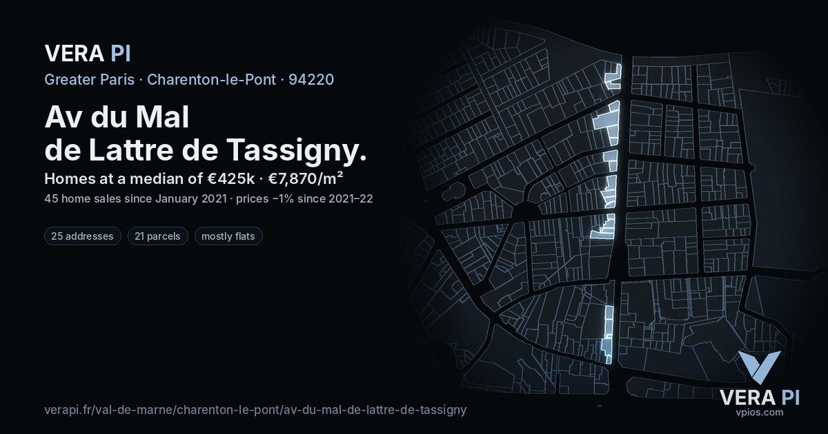 Av du Mal de Lattre de Tassigny, Charenton-le-Pont at night – every parcel coloured by the prices around it, the street's own parcels lit