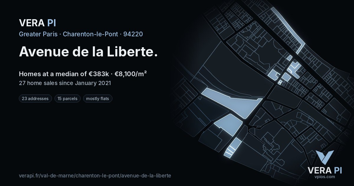 Avenue de la Liberte, Charenton-le-Pont at night – every parcel coloured by the prices around it, the street's own parcels lit