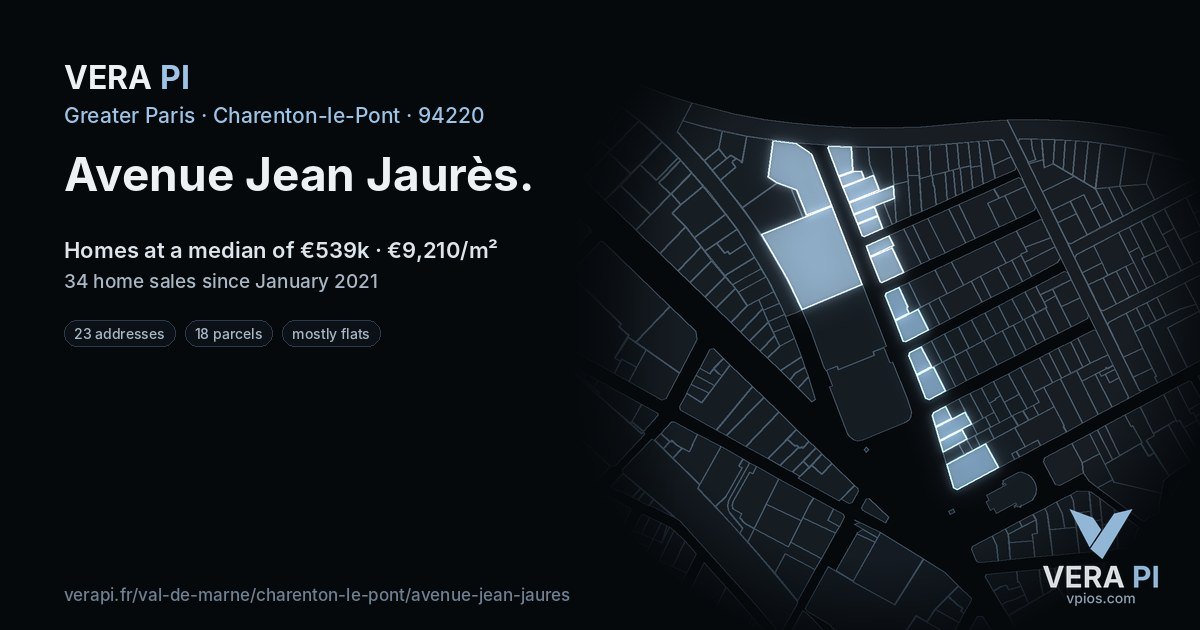 Avenue Jean Jaurès, Charenton-le-Pont at night – every parcel coloured by the prices around it, the street's own parcels lit