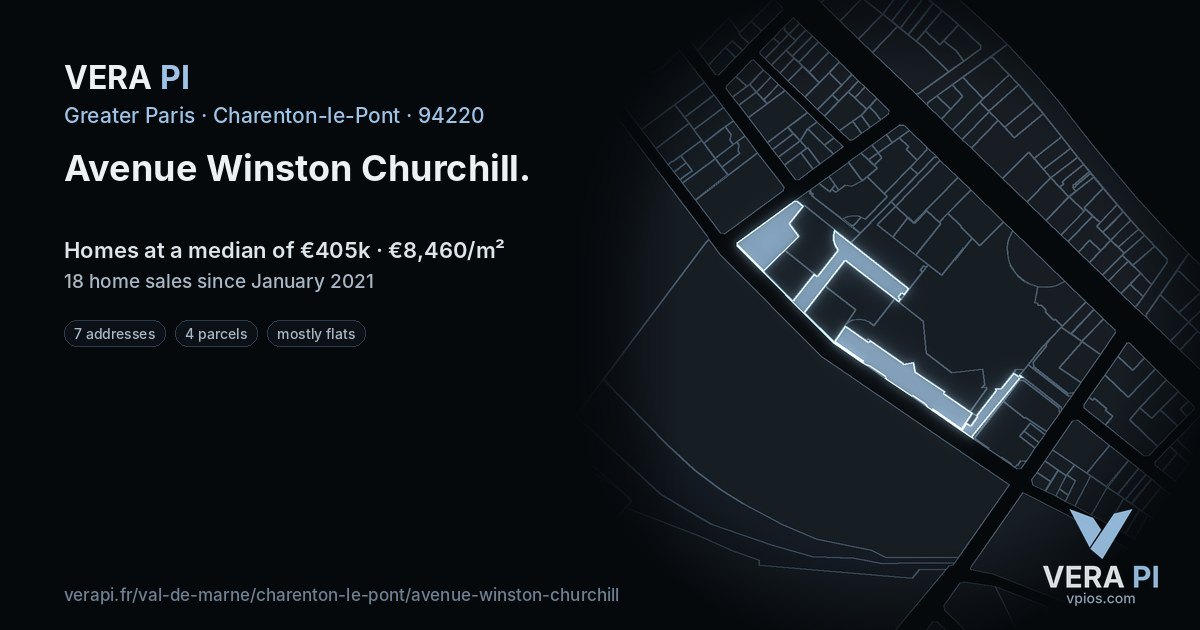 Avenue Winston Churchill, Charenton-le-Pont at night – every parcel coloured by the prices around it, the street's own parcels lit