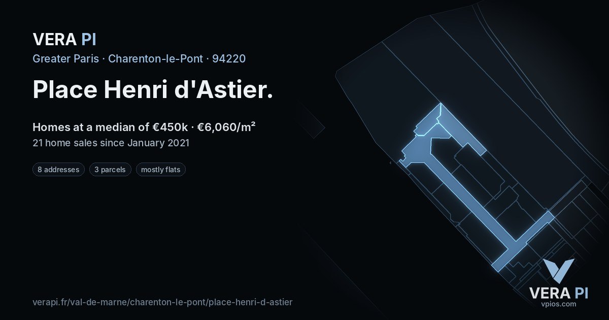 Place Henri d'Astier, Charenton-le-Pont at night – every parcel coloured by the prices around it, the street's own parcels lit