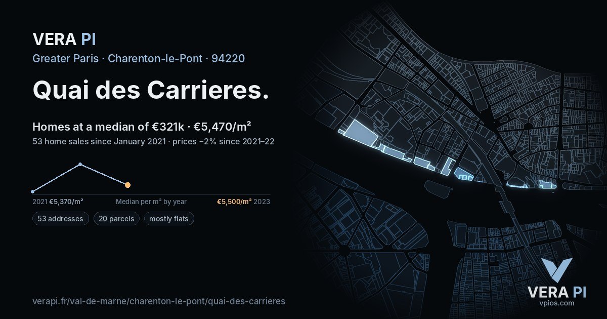 Quai des Carrieres, Charenton-le-Pont at night – every parcel coloured by the prices around it, the street's own parcels lit