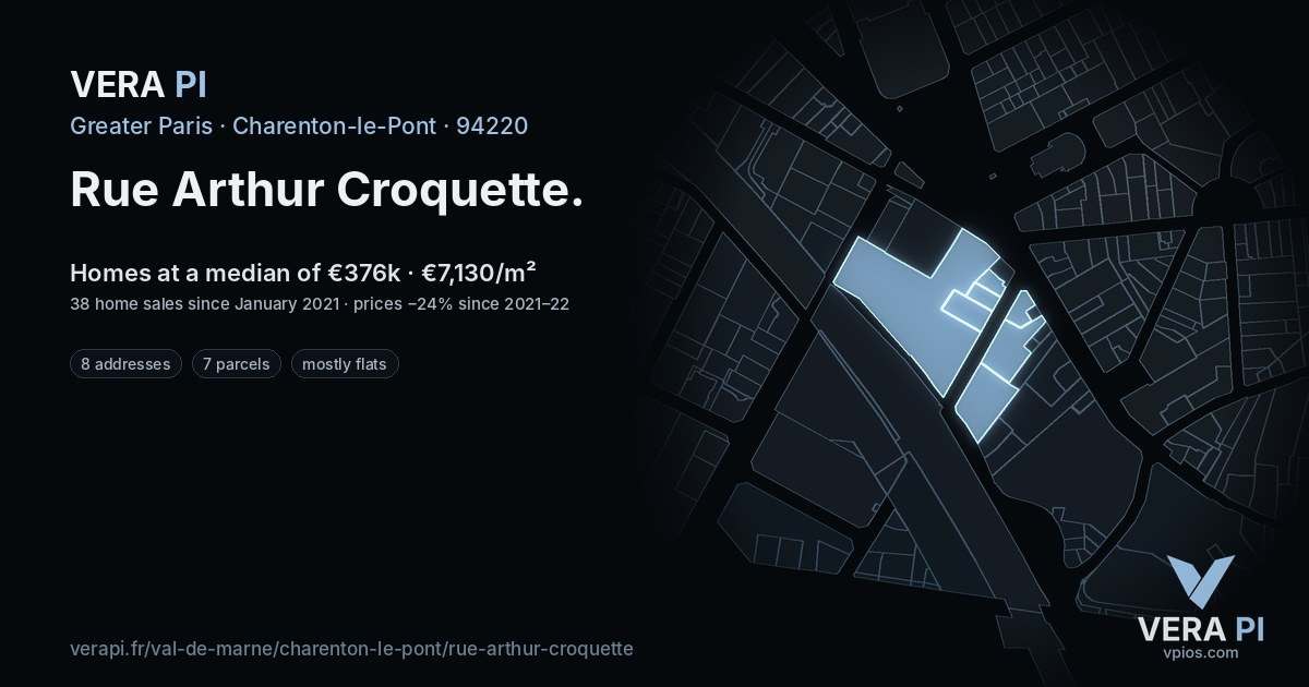 Rue Arthur Croquette, Charenton-le-Pont at night – every parcel coloured by the prices around it, the street's own parcels lit