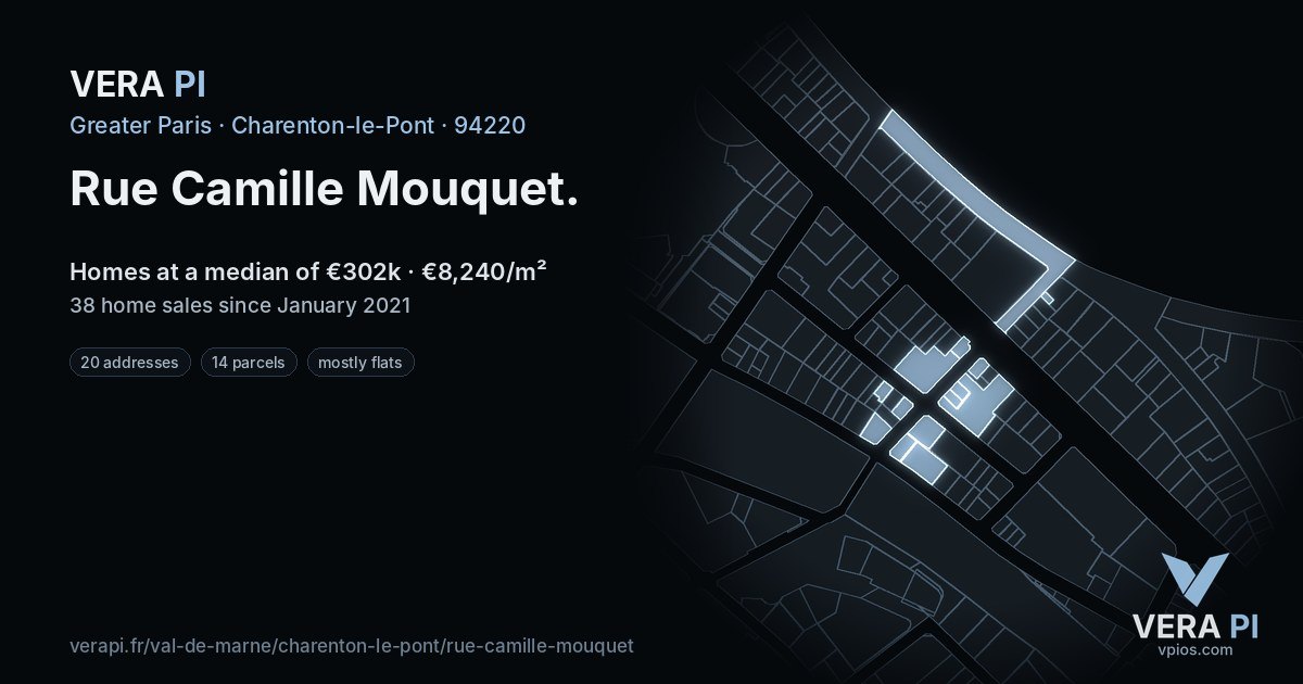 Rue Camille Mouquet, Charenton-le-Pont at night – every parcel coloured by the prices around it, the street's own parcels lit