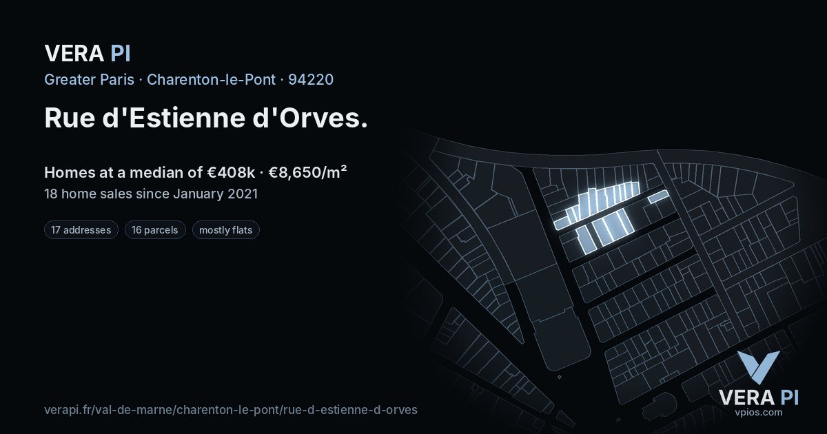 Rue d'Estienne d'Orves, Charenton-le-Pont at night – every parcel coloured by the prices around it, the street's own parcels lit