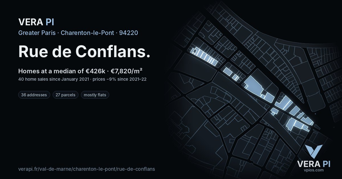 Rue de Conflans, Charenton-le-Pont at night – every parcel coloured by the prices around it, the street's own parcels lit
