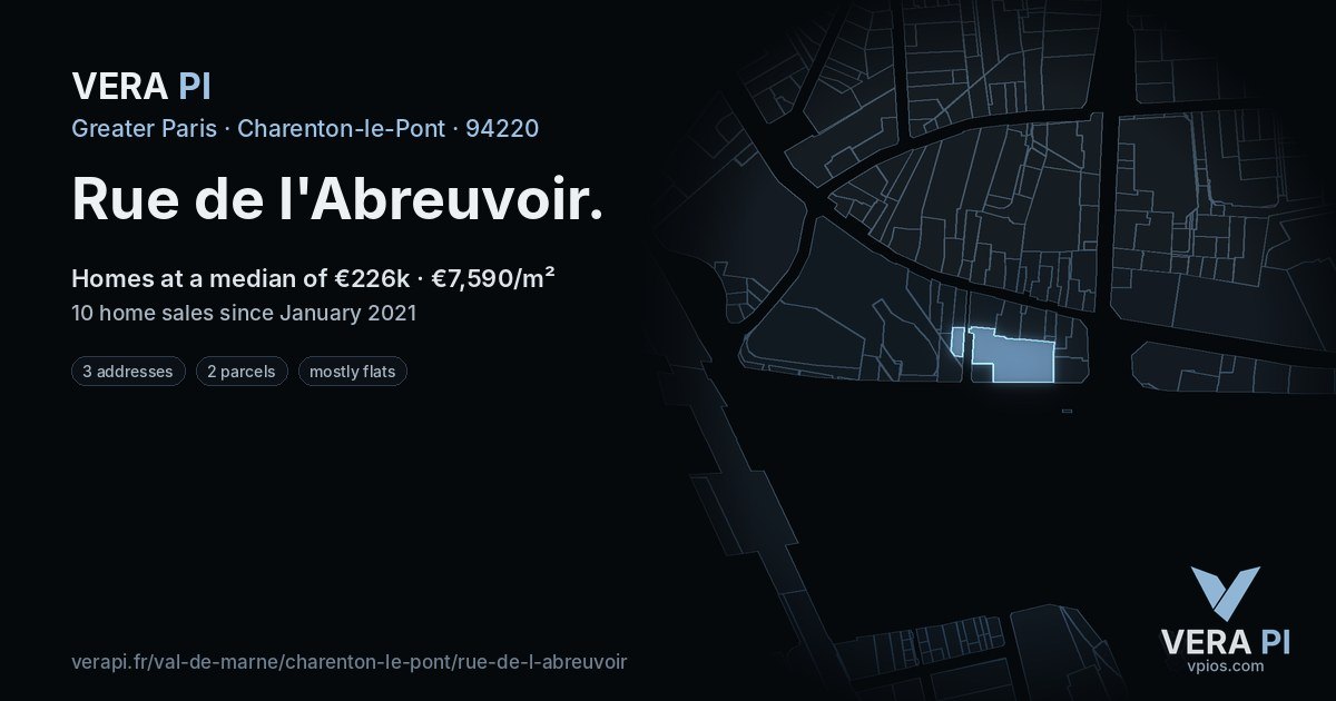 Rue de l'Abreuvoir, Charenton-le-Pont at night – every parcel coloured by the prices around it, the street's own parcels lit