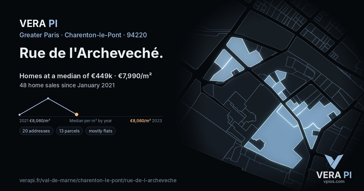 Rue de l'Archeveché, Charenton-le-Pont at night – every parcel coloured by the prices around it, the street's own parcels lit