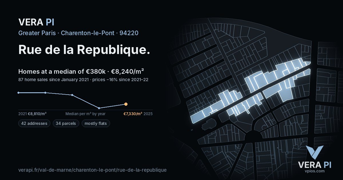 Rue de la Republique, Charenton-le-Pont at night – every parcel coloured by the prices around it, the street's own parcels lit
