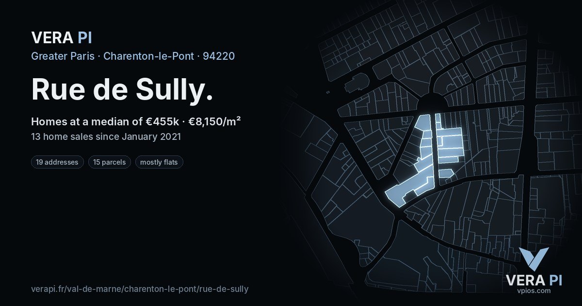 Rue de Sully, Charenton-le-Pont at night – every parcel coloured by the prices around it, the street's own parcels lit