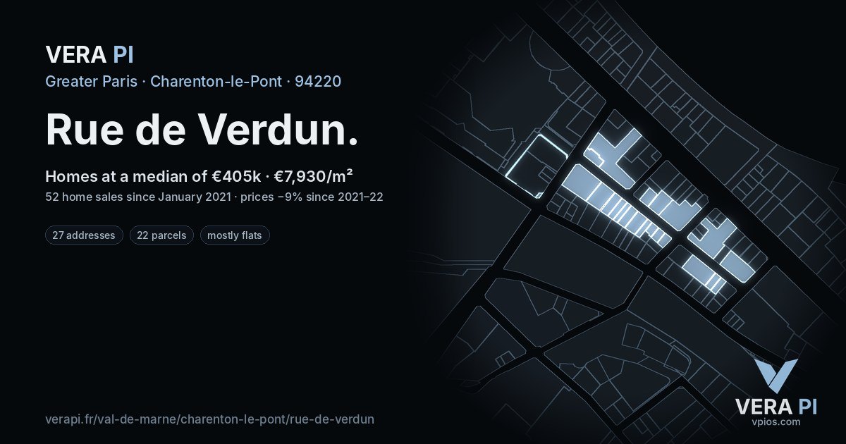 Rue de Verdun, Charenton-le-Pont at night – every parcel coloured by the prices around it, the street's own parcels lit