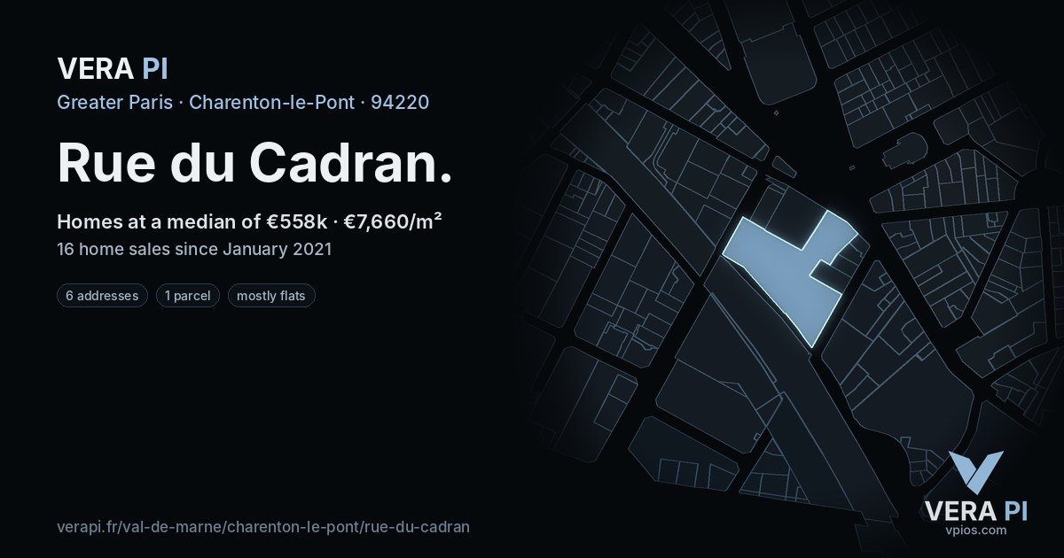 Rue du Cadran, Charenton-le-Pont at night – every parcel coloured by the prices around it, the street's own parcels lit