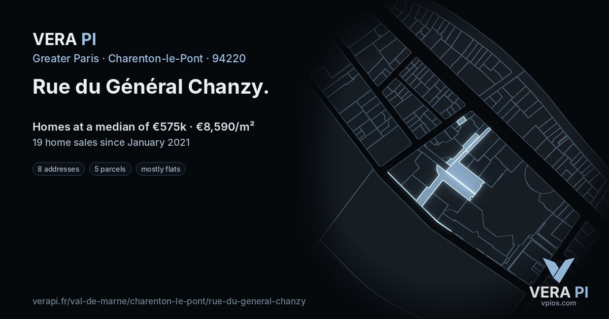 Rue du Général Chanzy, Charenton-le-Pont at night – every parcel coloured by the prices around it, the street's own parcels lit