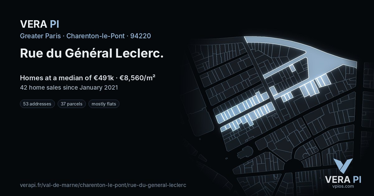 Rue du Général Leclerc, Charenton-le-Pont at night – every parcel coloured by the prices around it, the street's own parcels lit