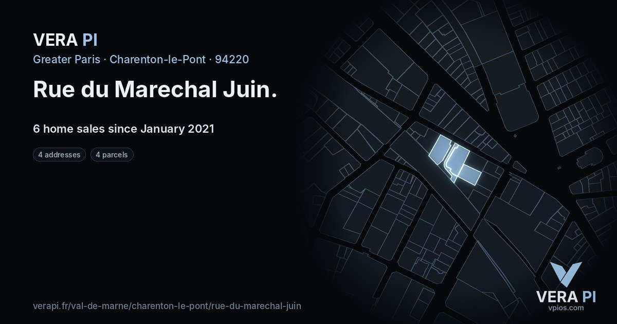 Rue du Marechal Juin, Charenton-le-Pont at night – every parcel coloured by the prices around it, the street's own parcels lit