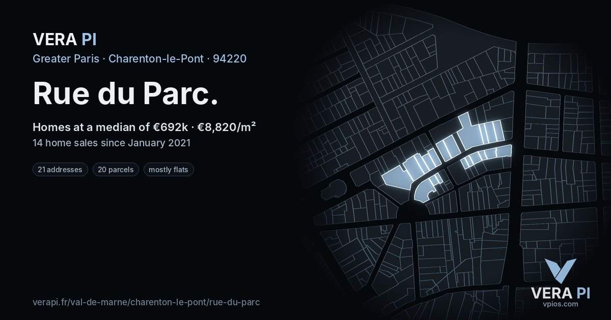 Rue du Parc, Charenton-le-Pont at night – every parcel coloured by the prices around it, the street's own parcels lit