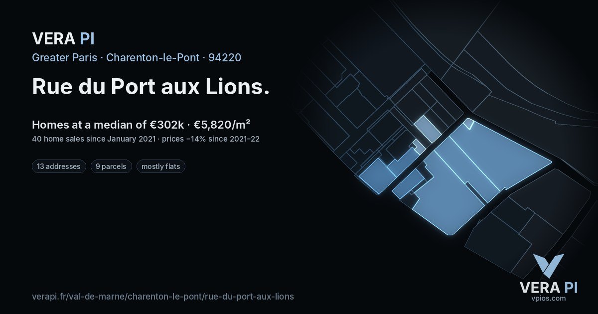 Rue du Port aux Lions, Charenton-le-Pont at night – every parcel coloured by the prices around it, the street's own parcels lit