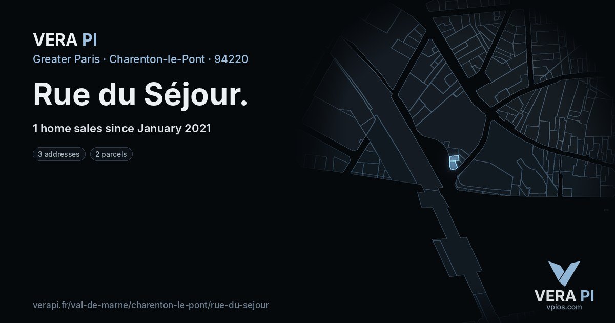 Rue du Séjour, Charenton-le-Pont at night – every parcel coloured by the prices around it, the street's own parcels lit