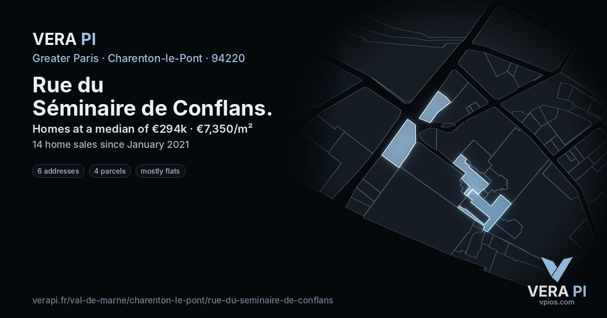 Rue du Séminaire de Conflans, Charenton-le-Pont at night – every parcel coloured by the prices around it, the street's own parcels lit