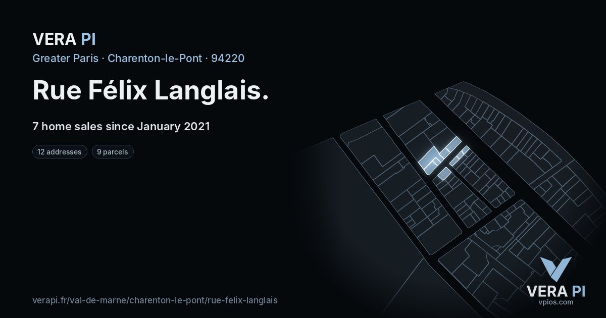 Rue Félix Langlais, Charenton-le-Pont at night – every parcel coloured by the prices around it, the street's own parcels lit