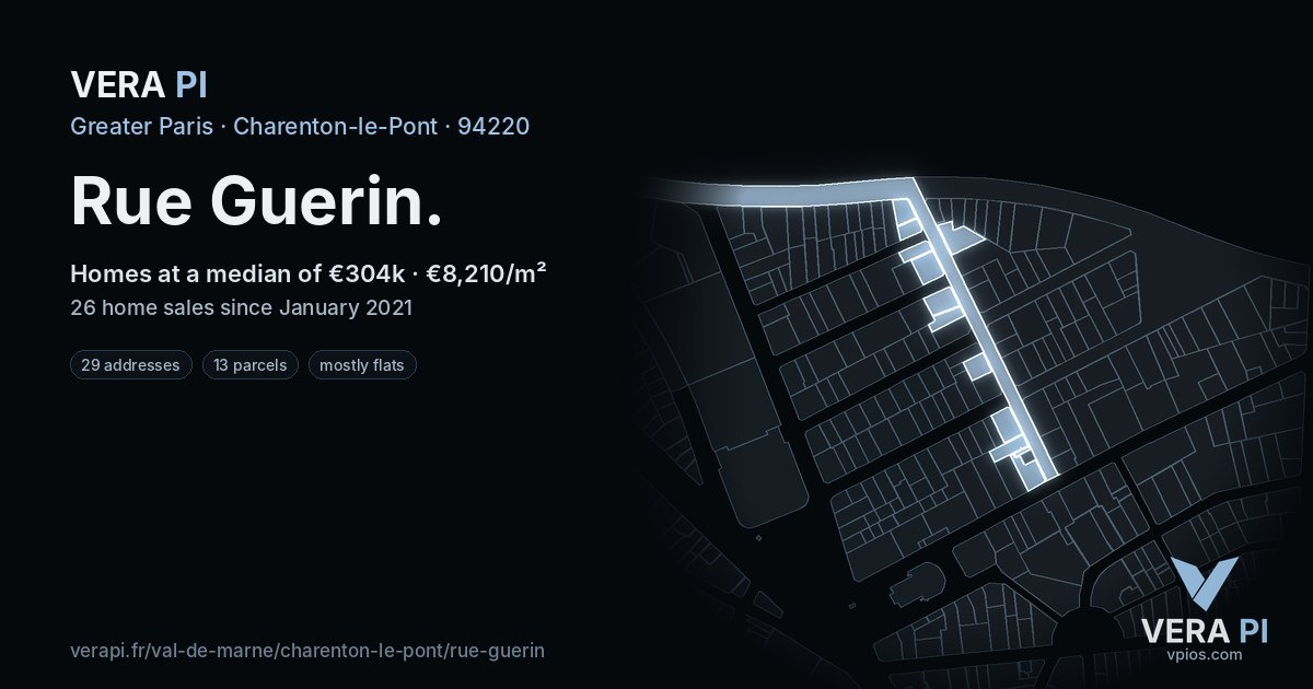 Rue Guerin, Charenton-le-Pont at night – every parcel coloured by the prices around it, the street's own parcels lit