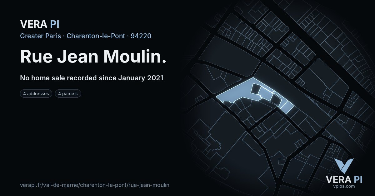 Rue Jean Moulin, Charenton-le-Pont at night – every parcel coloured by the prices around it, the street's own parcels lit