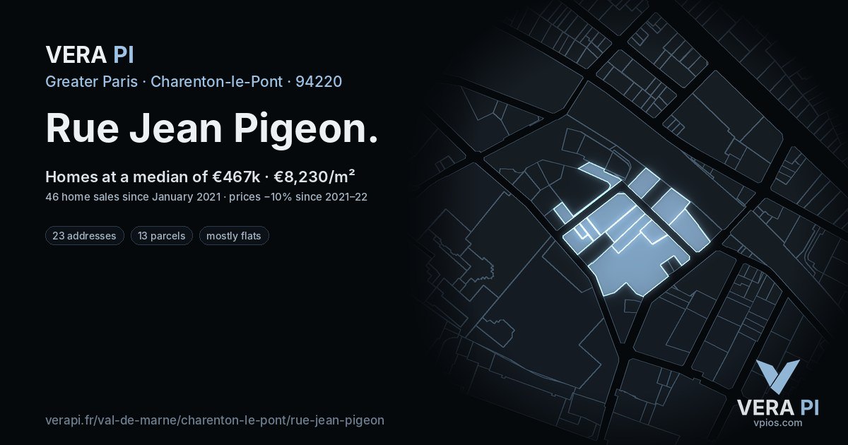 Rue Jean Pigeon, Charenton-le-Pont at night – every parcel coloured by the prices around it, the street's own parcels lit