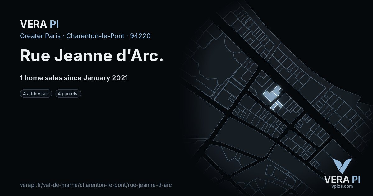 Rue Jeanne d'Arc, Charenton-le-Pont at night – every parcel coloured by the prices around it, the street's own parcels lit