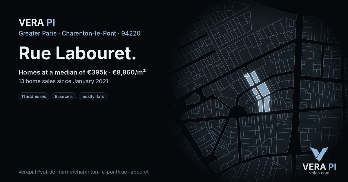 Rue Labouret, Charenton-le-Pont at night – every parcel coloured by the prices around it, the street's own parcels lit