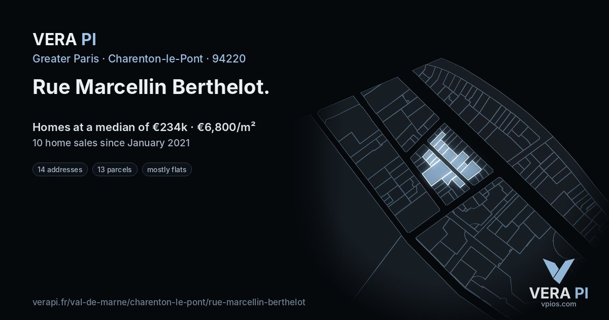 Rue Marcellin Berthelot, Charenton-le-Pont at night – every parcel coloured by the prices around it, the street's own parcels lit