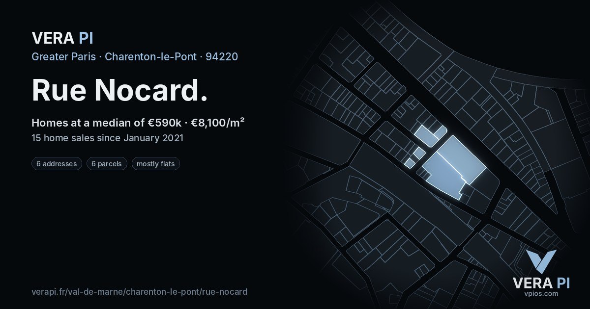 Rue Nocard, Charenton-le-Pont at night – every parcel coloured by the prices around it, the street's own parcels lit
