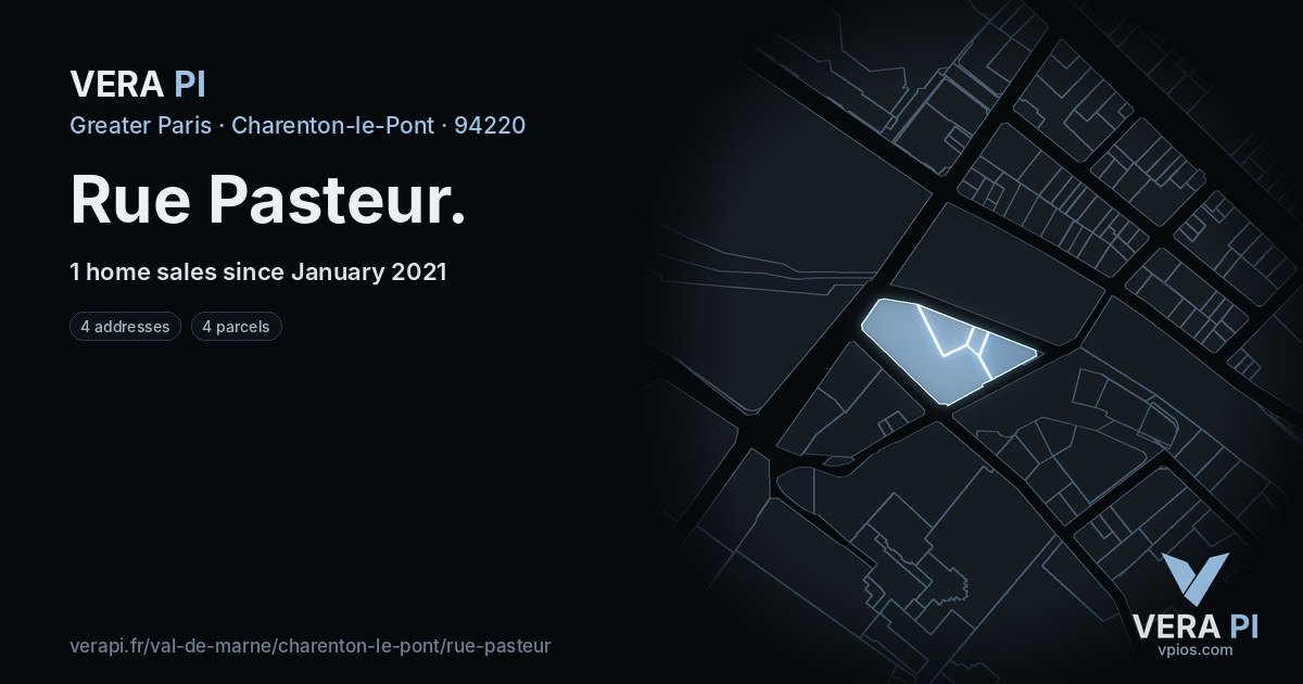 Rue Pasteur, Charenton-le-Pont at night – every parcel coloured by the prices around it, the street's own parcels lit