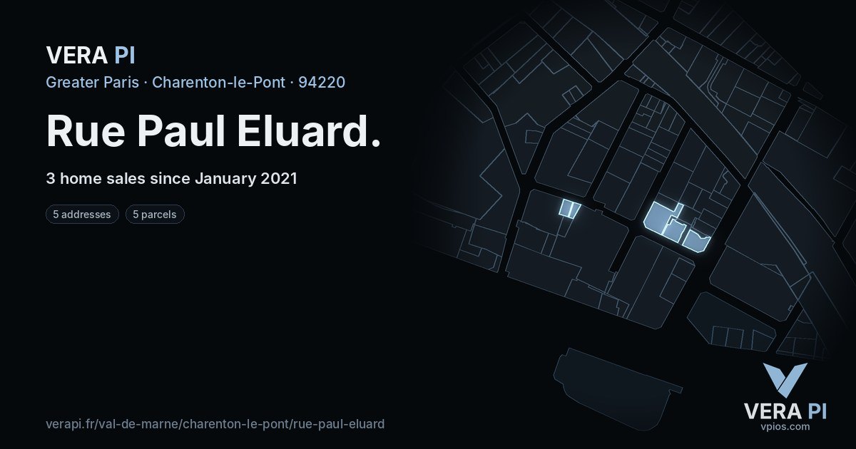Rue Paul Eluard, Charenton-le-Pont at night – every parcel coloured by the prices around it, the street's own parcels lit