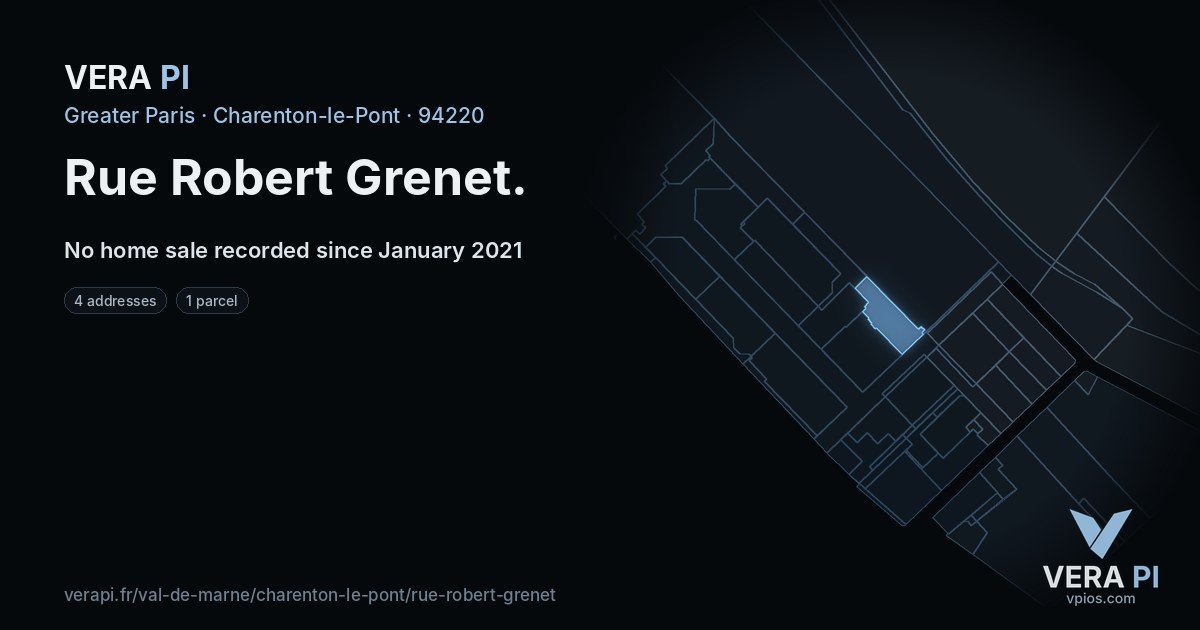 Rue Robert Grenet, Charenton-le-Pont at night – every parcel coloured by the prices around it, the street's own parcels lit