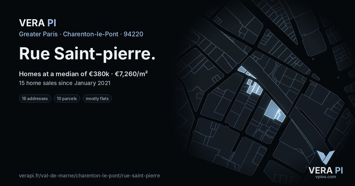 Rue Saint-pierre, Charenton-le-Pont at night – every parcel coloured by the prices around it, the street's own parcels lit