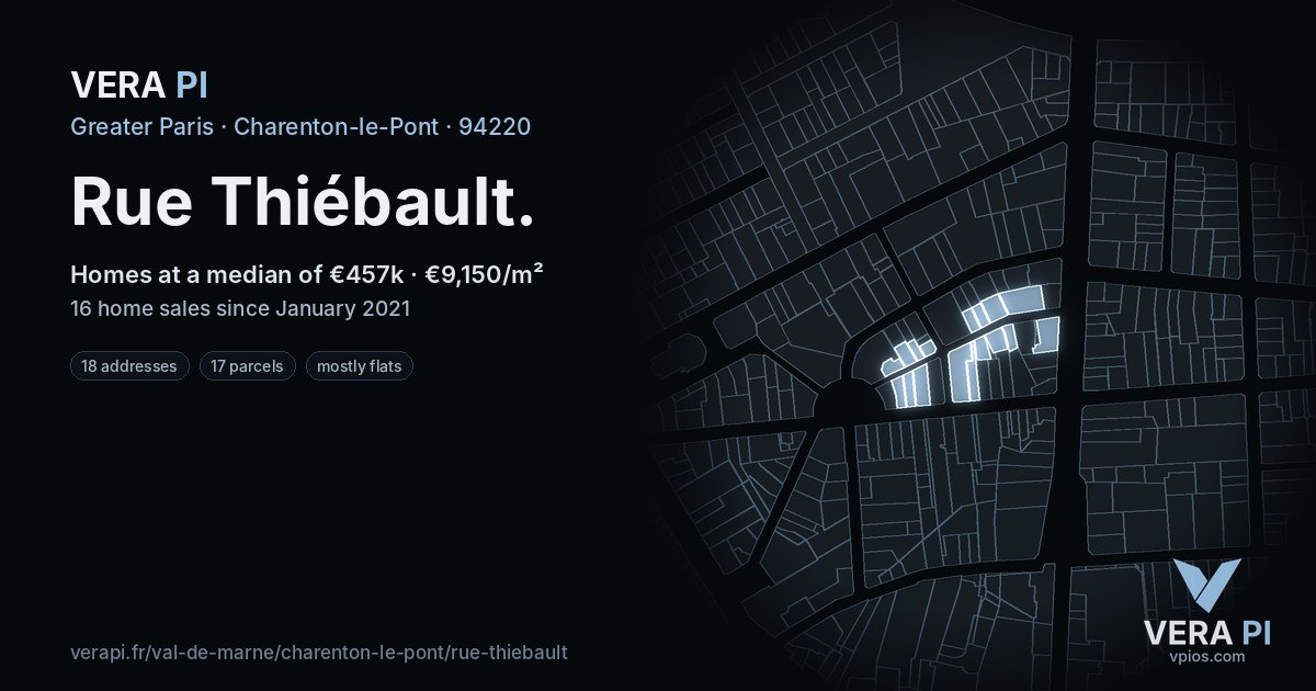 Rue Thiébault, Charenton-le-Pont at night – every parcel coloured by the prices around it, the street's own parcels lit