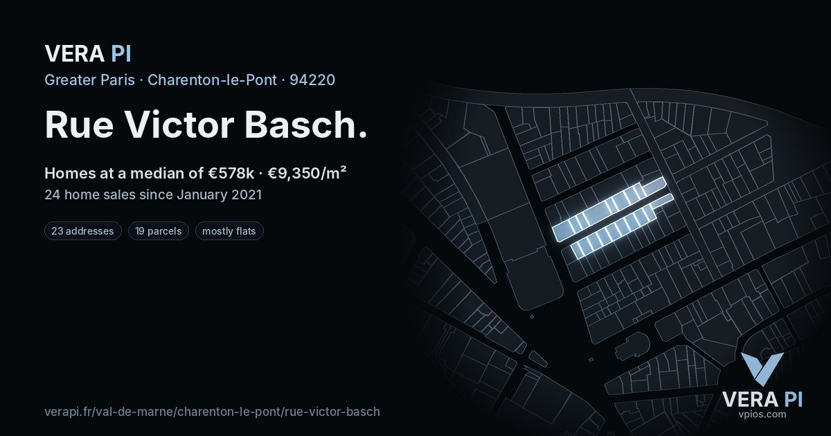 Rue Victor Basch, Charenton-le-Pont at night – every parcel coloured by the prices around it, the street's own parcels lit