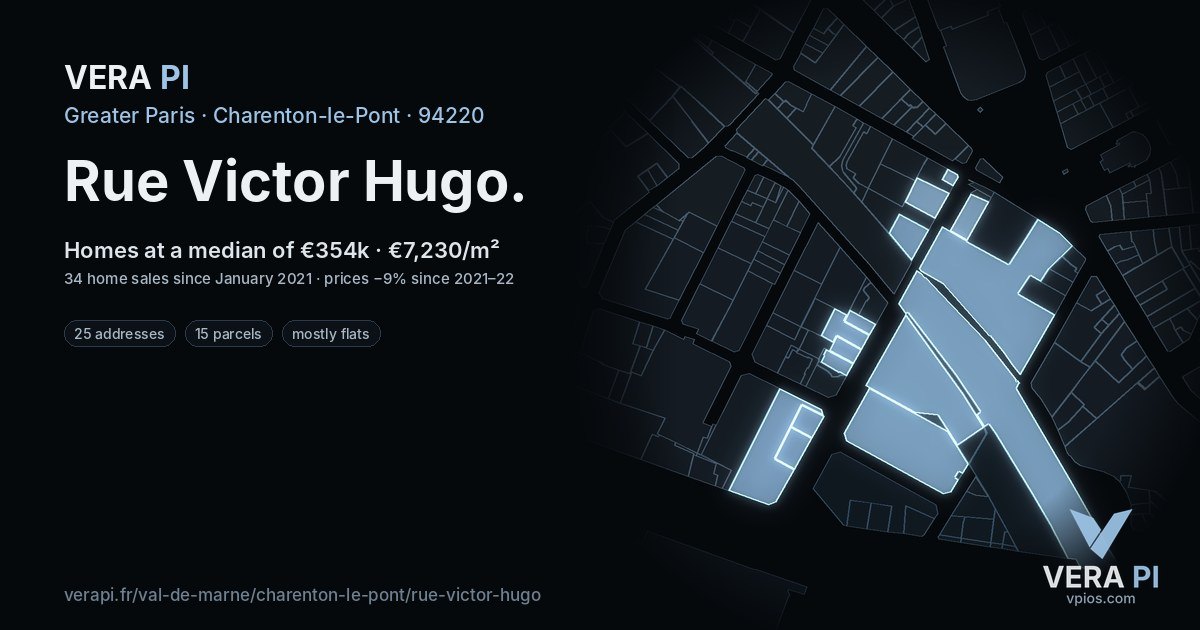 Rue Victor Hugo, Charenton-le-Pont at night – every parcel coloured by the prices around it, the street's own parcels lit