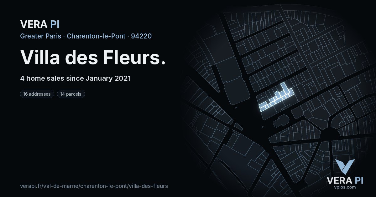 Villa des Fleurs, Charenton-le-Pont at night – every parcel coloured by the prices around it, the street's own parcels lit