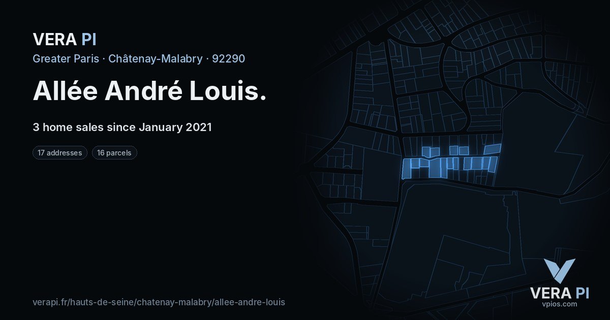 Allée André Louis, Châtenay-Malabry at night – every parcel coloured by the prices around it, the street's own parcels lit