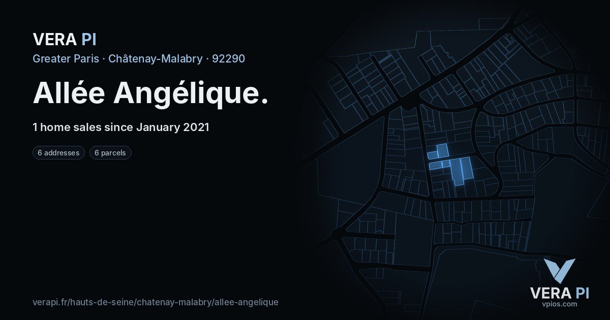 Allée Angélique, Châtenay-Malabry at night – every parcel coloured by the prices around it, the street's own parcels lit