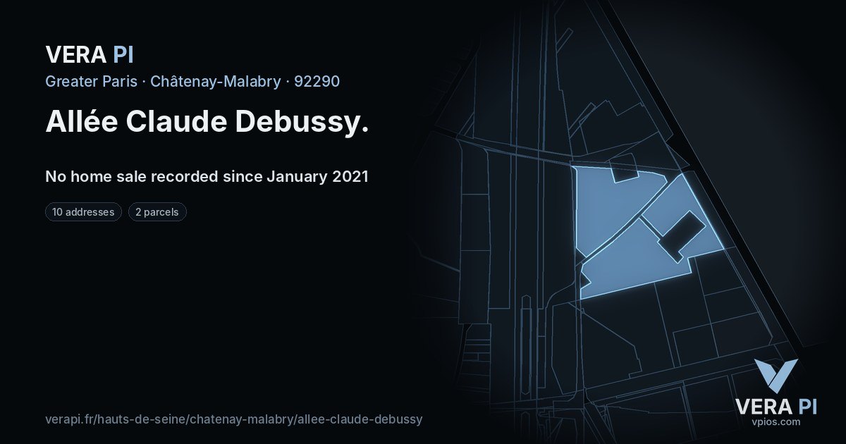 Allée Claude Debussy, Châtenay-Malabry at night – every parcel coloured by the prices around it, the street's own parcels lit